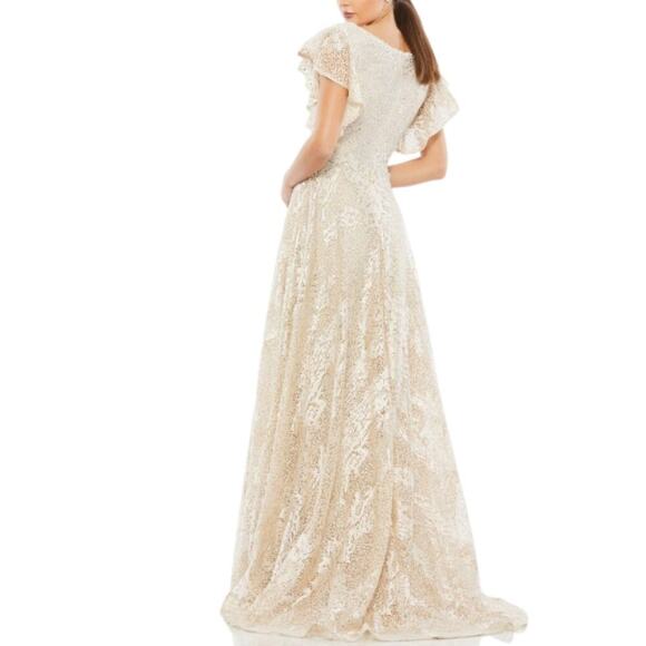Mac Duggal Flutter Sleeve V-Neck Gown Ivory Nude Formal Maxi Beaded FLAWED - Picture 2 of 16